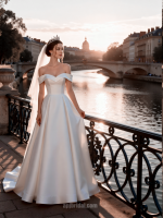 APJbridal Luxury Minimalist Royal Style Heavy Satin Off-the-Shoulder Ball Gown Wedding Dress with Cathedral Train